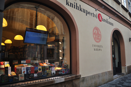 Decoration exterior and interior of luxury bookstore shop for local Czechia people and travelers foreign use service select buy book magazine at Praha city on November 11, 2016 in c, Czech Republic