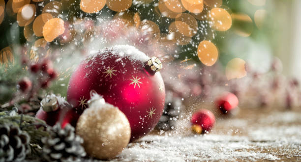 Red And Gold Christmas Balls And Blur Christmas Tree Lights Stock ...