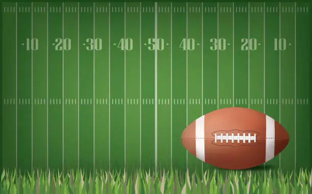 Vector illustration of American football ball with green field pattern background.