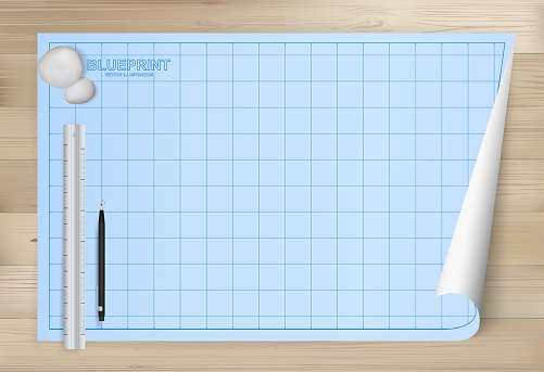 Blueprint paper background for architectural drawing with wooden background. Vector illustration.