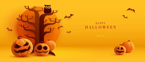 Vector illustration of 3D illustration of Halloween theme banner with group of Jack O Lantern pumpkin and paper graphic style of spooky tree and owl on background.