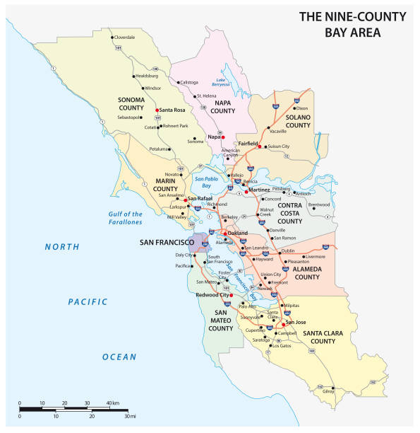 캘리포니아 지역 샌프란시스코 베이 지역의 행정 및 로드맵 - map san francisco bay area california cartography stock illustrations
