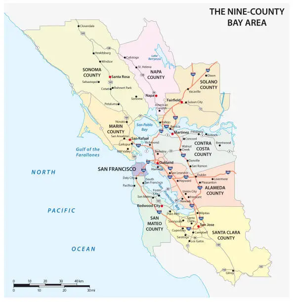 Vector illustration of Administrative and road map of the California region San Francisco Bay Area