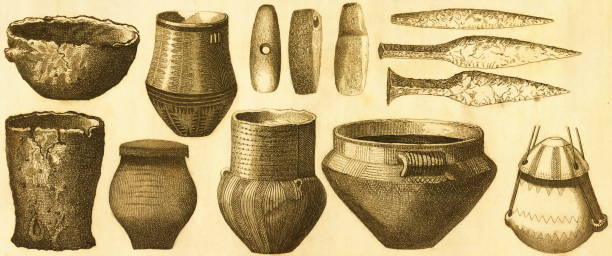 illustrations, cliparts, dessins animés et icônes de nourriture préhistorique et cuisine. artefacts de l’âge de pierre et de l’âge de glace | illustrations historiques anciennes - dolmen stone grave ancient