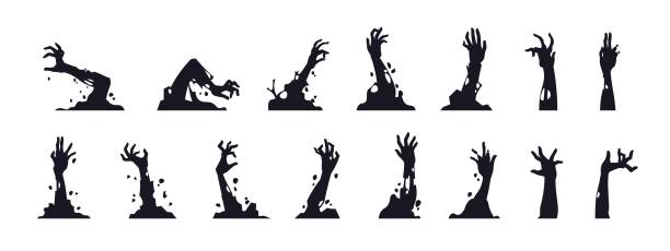 ilustrações de stock, clip art, desenhos animados e ícones de zombie hand silhouettes. black creepy monster arms from graves for halloween posters. cartoon cadavers rotting limbs set. undead apocalypse elements. vector october holiday decoration - apocalypse date