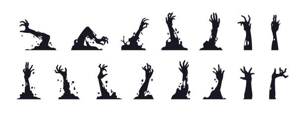 Zombie hand silhouettes. Black creepy monster arms from graves for Halloween posters. Cartoon cadavers rotting limbs set. Undead apocalypse elements. Vector October holiday decoration Zombie hand silhouettes. Black creepy monster arms from graves for Halloween posters. Cartoon scary cadavers rotting limbs set. Isolated undead apocalypse elements. Vector October holiday decoration zombie stock illustrations