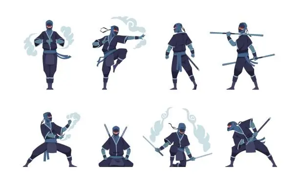 Vector illustration of Ninja character. Fighting Japanese warrior with ancient weapon. Shinobi mascot standing in fight pose or meditating. Man training attack with air tails. Vector assassins positions set