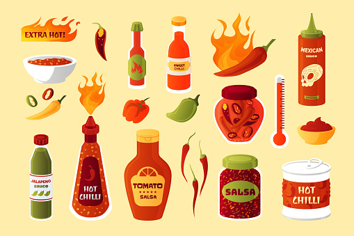 Hot sauce. Cartoon spicy chilli and pepper seasoning. Burning taste Thai cuisine. Mexican cayenne tomato salsa bottles. Isolated fiery meal dressing and vegetables. Vector paprika food condiments set