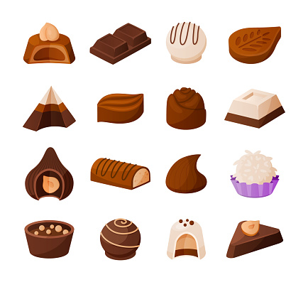 Chocolate candies. Cartoon sweets collection. Desserts of sweet milk and cacao with nuts or cream praline. Isolated delicious confectionery. Various graphic tasty truffles. Vector isolated food set