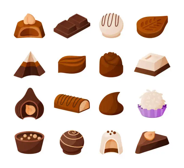 Vector illustration of Chocolate candies. Cartoon sweets collection. Desserts of sweet milk and cacao with nuts or cream praline. Delicious confectionery. Various tasty truffles. Vector isolated food set