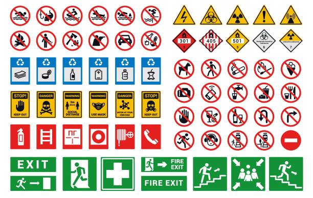 ilustrações de stock, clip art, desenhos animados e ícones de safety sign. factory and construction health or security caution symbols. bright hazard attention and evacuation notices. entrance prohibited stickers mockup. vector warning icons set - safety sign protective workwear factory