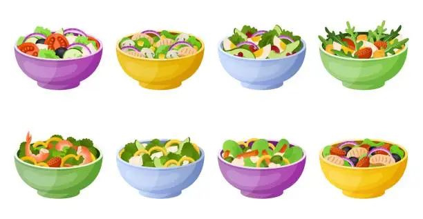 Vector illustration of Salad bowl. Healthy lunch with mix of vegetables. Cutting green lettuce leaves and eggs, fish or meat in bright plates. Summer breakfast and gourmet meal collection. Vector nutrition set