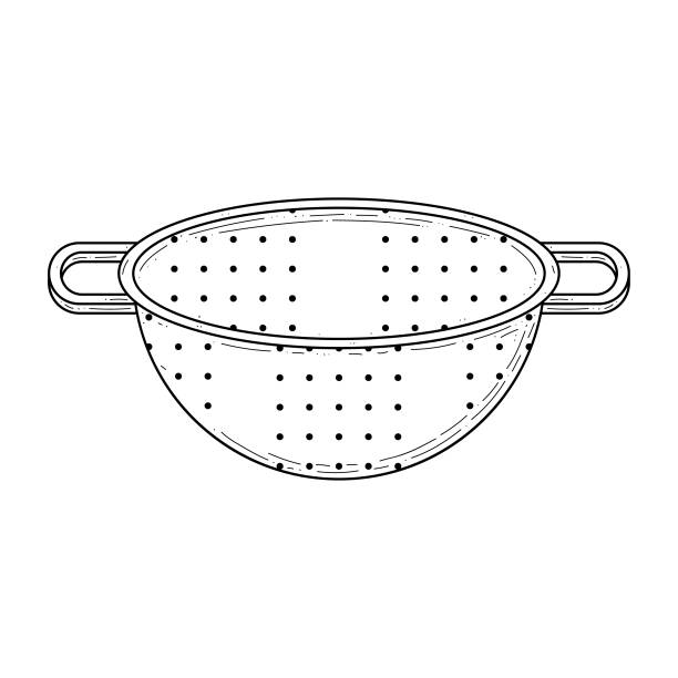 abstrakte handgezeichnete küchensachen metzger colander blade fleischmehl doodle konzept vektor design outline stil auf weißem hintergrund isoliert zum kochen - salatsieb stock-grafiken, -clipart, -cartoons und -symbole