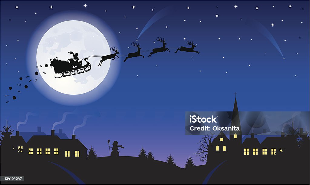 Christmas night. Silhouette of a woman santa on a sledge harnessed by magic deers flying over a village with gifts flying off. Full moon and stars on the background. Santa Claus stock vector