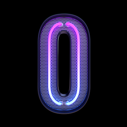 Number 0, Alphabet. Neon retro 3d number isolated on a black background with Clipping Path. 3d illustration.