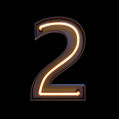 Number 2, Alphabet. Neon retro 3d number isolated on a black background with Clipping Path. 3d illustration.