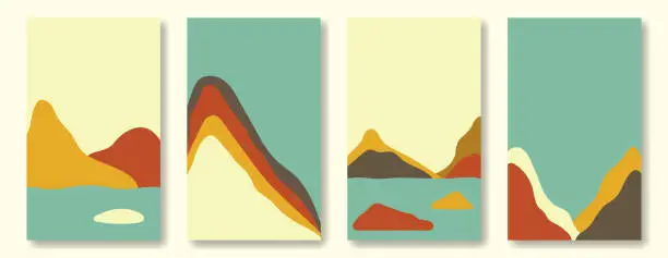 Vector illustration of Set of abstract landscape backgrounds. Mountains, sea in dooddle style with retro color palette. Backdrops for posting and stories on social media, home decor.