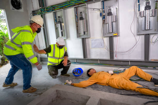 istock Electric worker suffered an electric shock accident unconscious. Safety team CPR for first aid Electric worker loses in electric shock accident at work on site. Accident in control room of factory. 1341045166