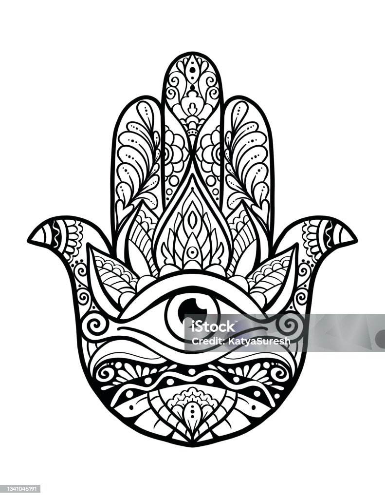 Indian Henna Tatoo Hamsa Hand With Ornament Outline Isolated On White ...