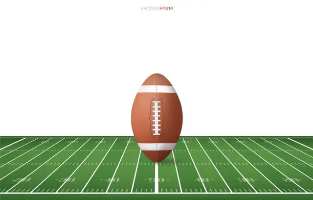 Vector illustration of Football ball on football field with line pattern area for background. Perspective views of football field.