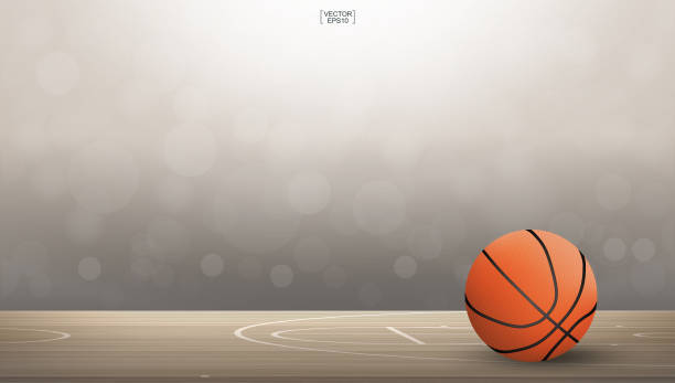 ilustraciones, imágenes clip art, dibujos animados e iconos de stock de pelota de baloncesto en el área de la cancha de baloncesto con fondo bokeh borroso claro. - basketball court
