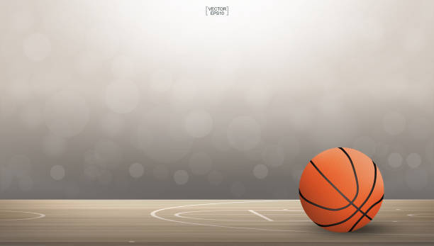 ilustrações de stock, clip art, desenhos animados e ícones de basketball ball on basketball court area with light blurred bokeh background. - textured sport leather backgrounds