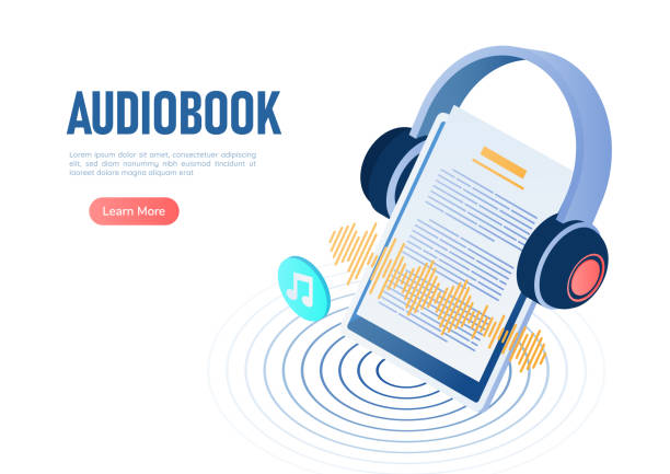 Isometric Web Banner Headphone Over Digital Tablet with Digital Audio Book on Monitor 3d Isometric Web Banner Headphone Over Digital Tablet with Digital Audio Book Sound Wave on Monitor. Audiobooks concept. headphones illustrations stock illustrations