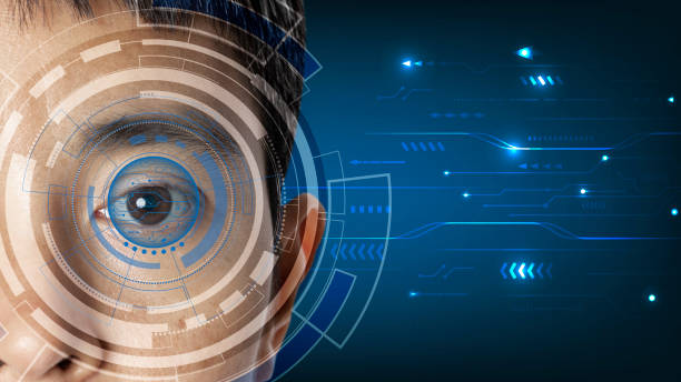istock Close up of eye in process of scanning technology digital information. 1341047876