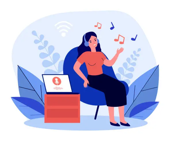 Vector illustration of Woman listening to music from laptop in wireless headphones