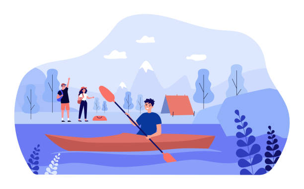 ilustraciones, imágenes clip art, dibujos animados e iconos de stock de mochileros de dibujos animados saludando a un amigo en kayak desde la orilla del lago - rowboat nautical vessel men cartoon