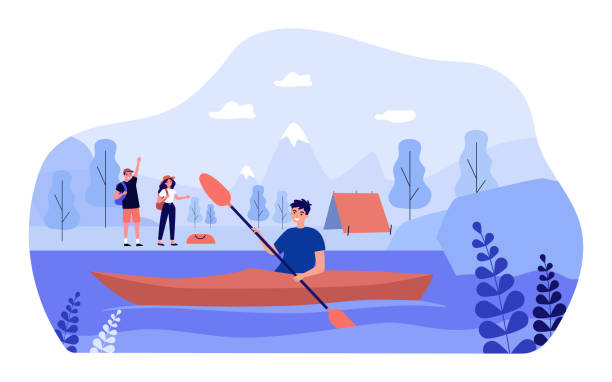 ilustrações de stock, clip art, desenhos animados e ícones de cartoon backpackers waving at kayaking friend from lake shore - canoe canoeing paddling oar