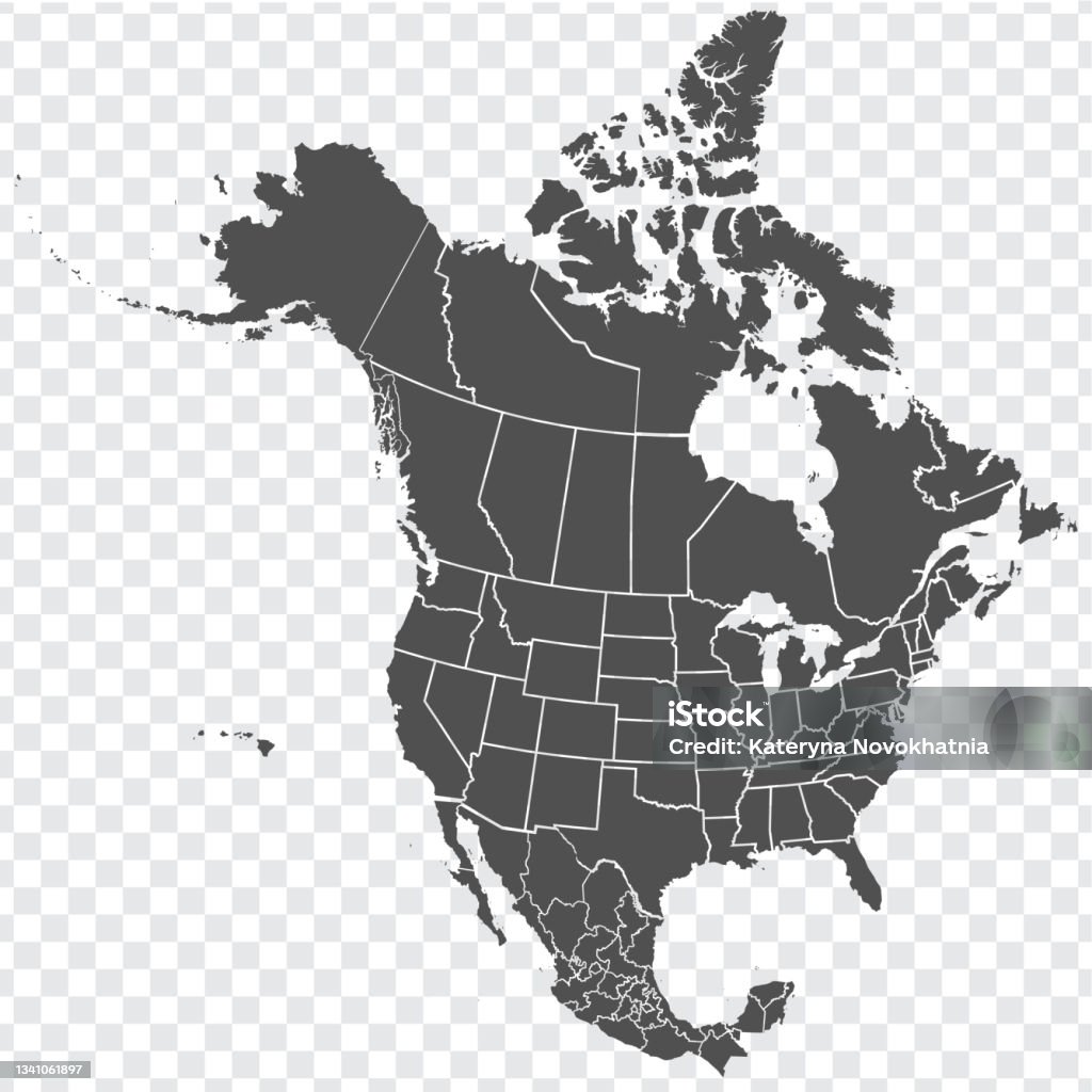 Карта Северной Америки. Детальная карта Северной Америки со штатами США и провинциями Канады и всеми мексиканскими штатами. Шаблон.  ЭПС10. - Векторная графика Карта роялти-фри
