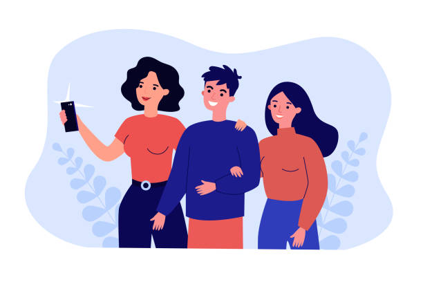 Cute cartoon couple taking selfie on phone with mother Cute cartoon couple taking selfie on phone with mother. Boyfriend, girlfriend and woman taking photo together flat vector illustration. Family, technology concept for website design or landing page photo messaging stock illustrations