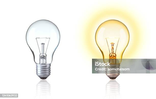 Classic Light Bulb Isolate On White Background Turn On And Turn Off Of Tungsten Light Bulb Show Big Idea Innovation Save Energy Idea Of Evolution Old Style Or Retro Light Bulb Concept Stock Photo - Download Image Now