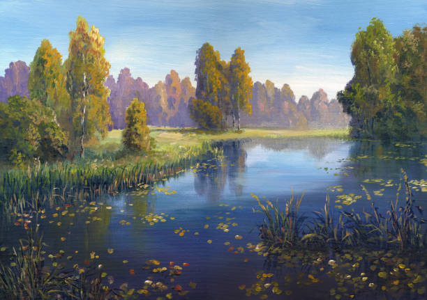 istock river in autumn forest on a sunny day, painting 1341067584