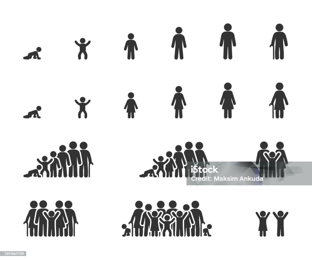 Vector set of life cycle flat icons. People of different ages, man and women, family, stages of growing up. - Royaltyfri Ikon vektorgrafik