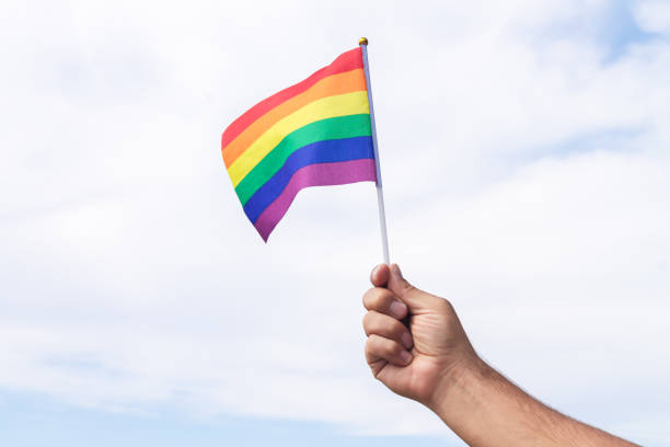 istock Holding gay pride symbol rainbow flag 1341069694
