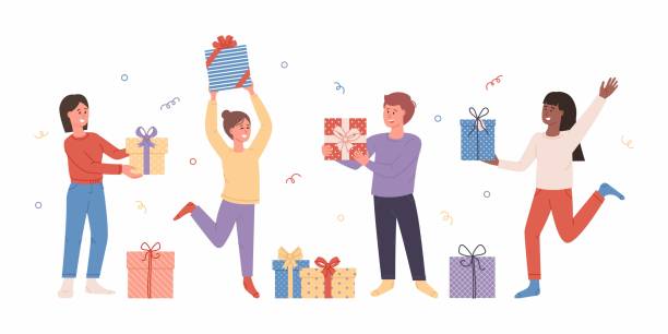 Women and man hold gift boxes smiling fun with friends isolated."nPeople with presents. Women and man hold gift boxes smiling fun with friends isolated."nPeople with presents. Characters celebrating birthday or important event happy birthday best friend stock illustrations
