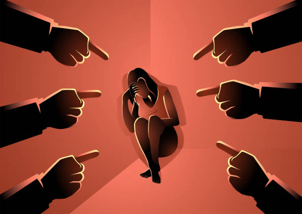 sad or depressed woman sitting cornered surrounded by pointing hands - racism stock illustrations