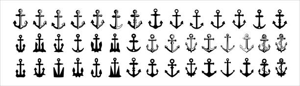 illustrazioni stock, clip art, cartoni animati e icone di tendenza di ancorare la raccolta di icone impostate. set vettoriale di ancore di navi assortite. simbolo nautico e velico. illustrazione vettoriale. - anchor harbor vector symbol