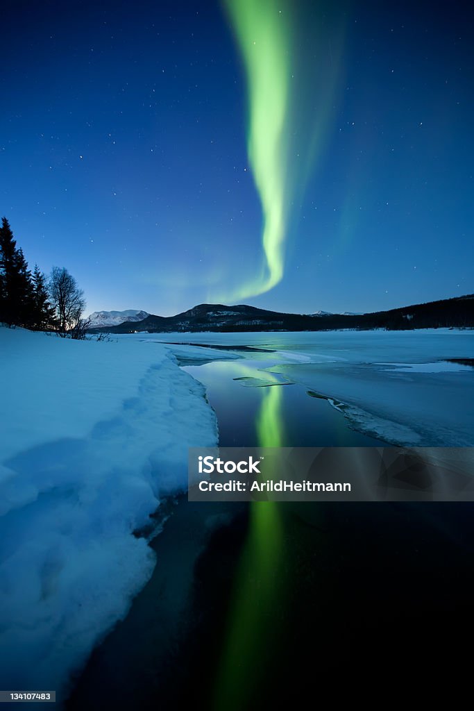 Aurora and water The aurora is reflected in a melting lake. Northern Norway Aurora Borealis Stock Photo