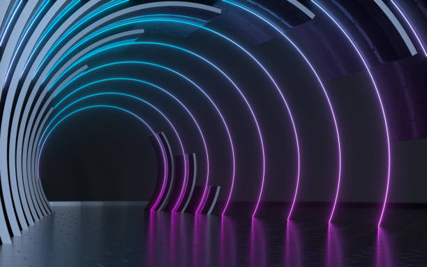 istock Dark tunnel with neon glowing lines, 3d rendering. 1341074937