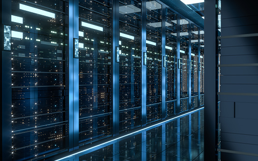 Racks de servidores en la red informática de seguridad de servidores de la sala de datos del centro de datos, renderizado 3D. photo