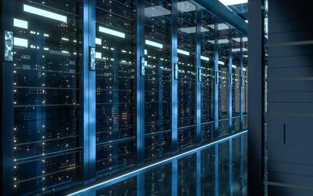 Photo of Server racks in computer network security server room data center, 3d rendering.