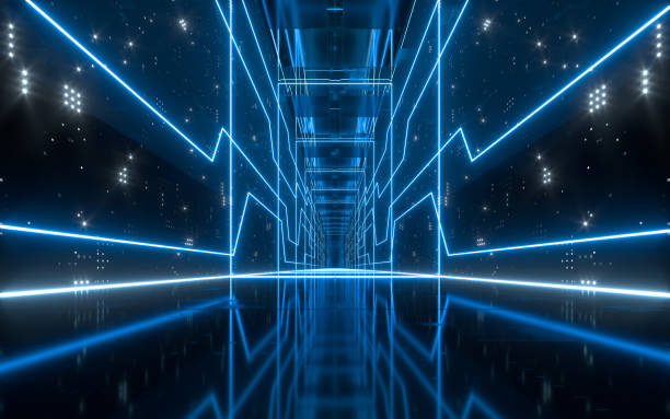 istock Dark tunnel with glowing neon lines, 3d rendering. 1341075725