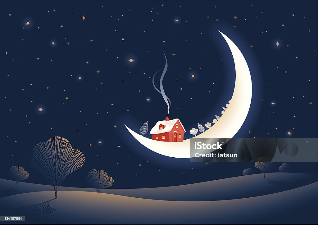 Christmas moonlit night Christmas moonlit landscape with Santa’s red house on the Moon. Vector illustration. Includes high resolution JPG. Journey stock vector