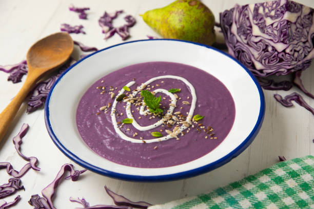 istock Red cabbage cream decorated with liquid cream 1341077489