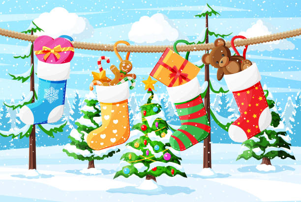 ilustraciones, imágenes clip art, dibujos animados e iconos de stock de medias de calcetín de navidad - stick of hard candy hanging decoration christmas decoration