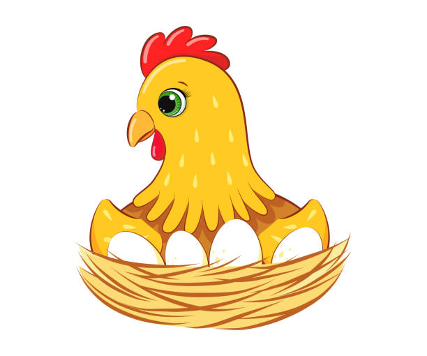 鶏は巣の中の卵を孵化させる。漫画のベクトルのイラスト。 - easter animal nest multi colored cheerful点のイラスト素材／クリップアート素材／マンガ素材／アイコン素材