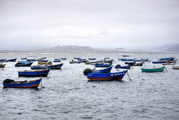 El Dorado, Peru - July 30, 2021: Small moored fishing boats with beach and mountains in background